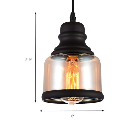 Suspension cylindrique industrielle noire - Lampe suspendue en verre transparent pour salon