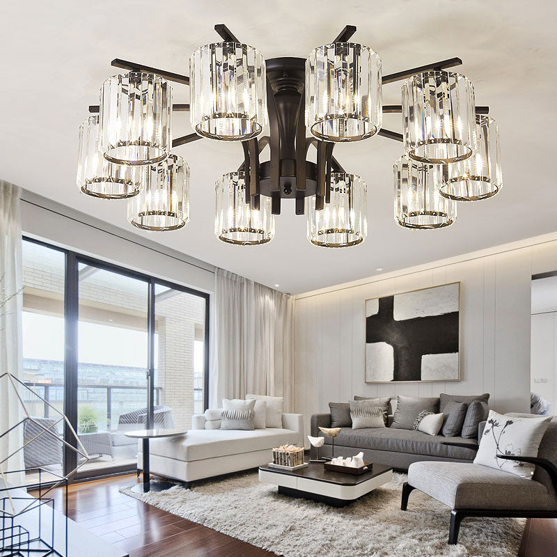 Plafonnier semi-encastré en métal nordique avec abat-jour en cristal (6/8/10 lumières) - Plafonnier noir