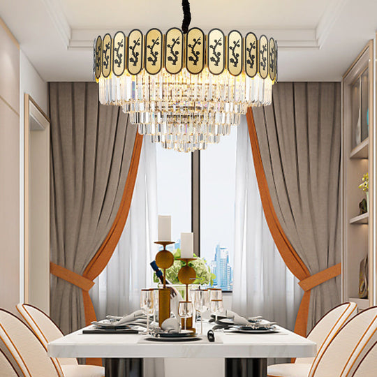 Modern Round Chandelier with Flower Pattern, Crystal and Metal Hanging Light for Bedroom - Brass Finish