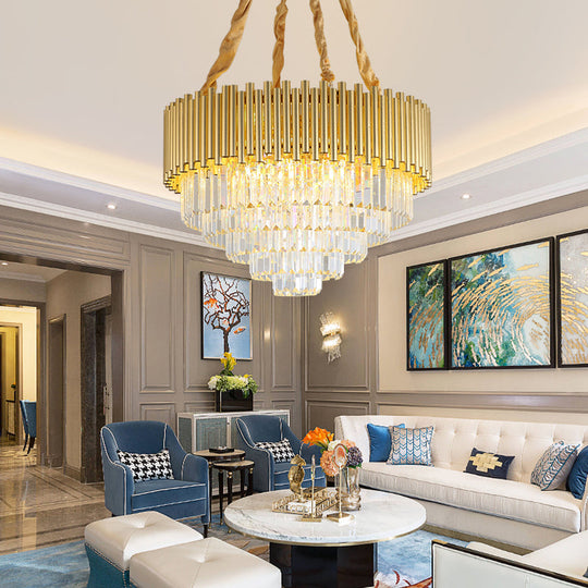 Contemporary 3-Tier Circle Metal Pendant Chandelier Light with K9 Block, Brass Finish