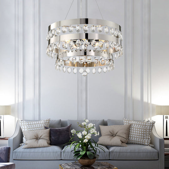 Metallic Multi Light Chandelier with Clear Crystal Deco and Tiered Ring Design in Chrome
