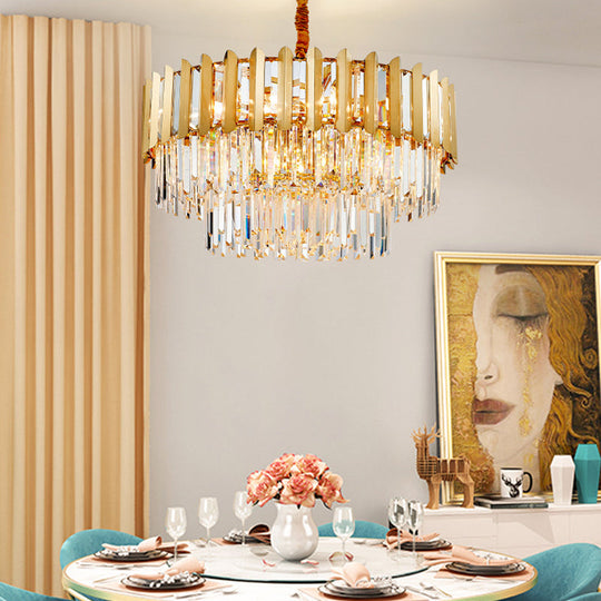 8-Light Stainless Steel Pendant: Modern Brass Round Chandelier with Crystal Prism