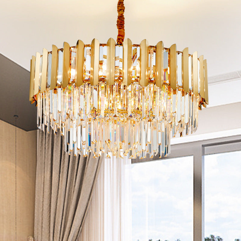 8-Light Stainless Steel Pendant: Modern Brass Round Chandelier with Crystal Prism