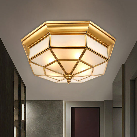 Antiqued Brass Octagon Flush Mount Ceiling Light with Milky Glass - 17" / 25.5" Width - 4/6 Head Hallway Lighting