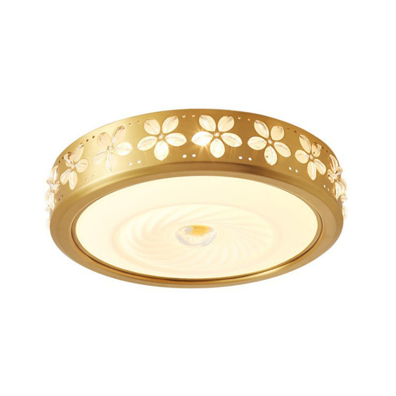 Rustic Drum Style Flush Light with Cream Glass & LED, Ceiling Mounted Fixture, Brass"