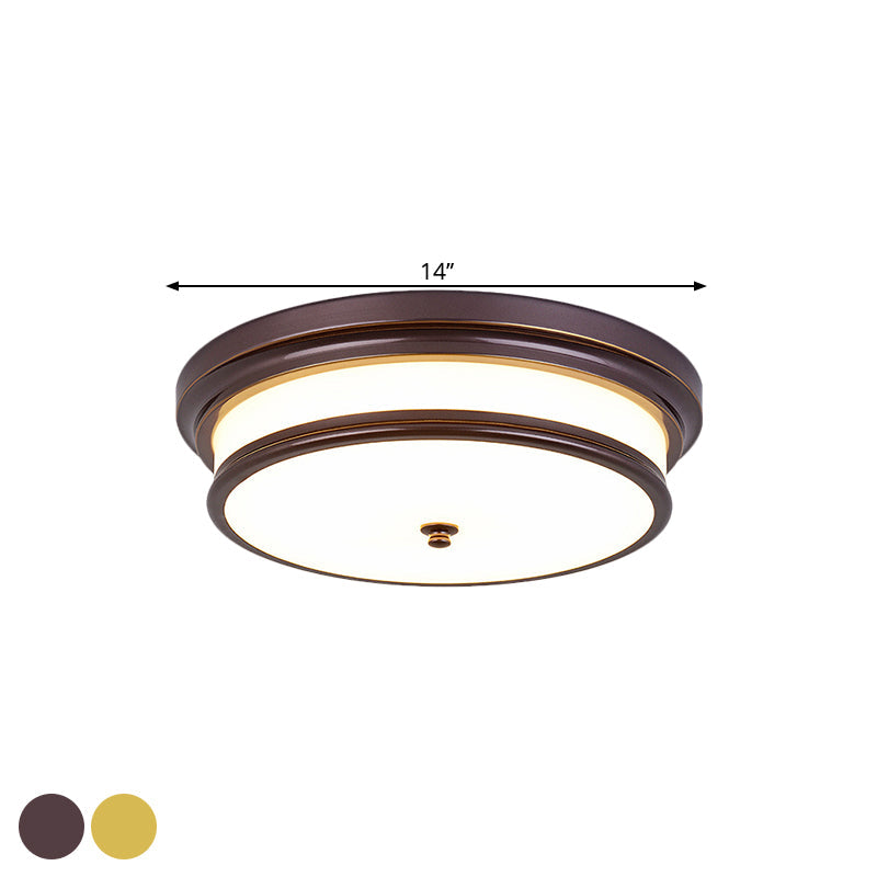 14"/16" Vintage Cream Glass Drum-Like Corridor Ceiling Fixture LED Flush Mount Lighting in Black/Gold