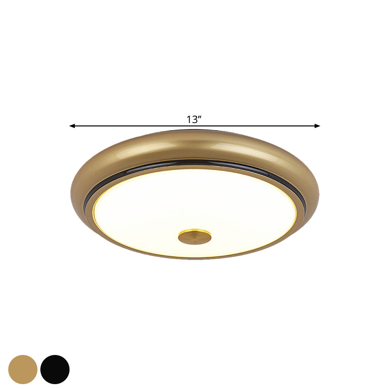 Traditional Circular LED Flush Mount Ceiling Light Fixture - 13"/16"/19.5" Wide - Black/Gold with White Glass