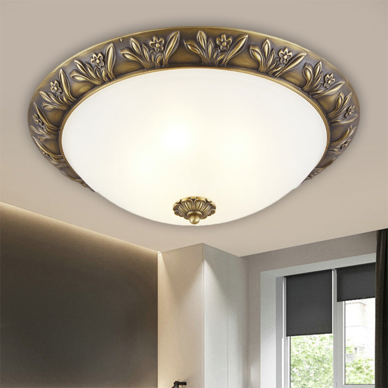 Frosted Glass Dome Flush Ceiling Lamp with Flower Edge Design in Brass/Black and Gold - Available in 2/3 Heads, 12"/15.5" Width - Perfect for Bedroom Lighting