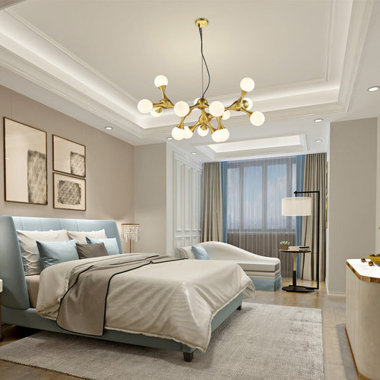 Modern Metal Starburst Chandelier With Glass Globe Shades - 5/9/15 Lights In Brass