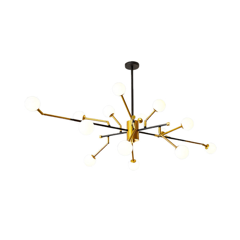 Contemporary Sputnik Metal Chandelier: Gold Brass Pendant Lamp With Molecular Milk Glass Shade