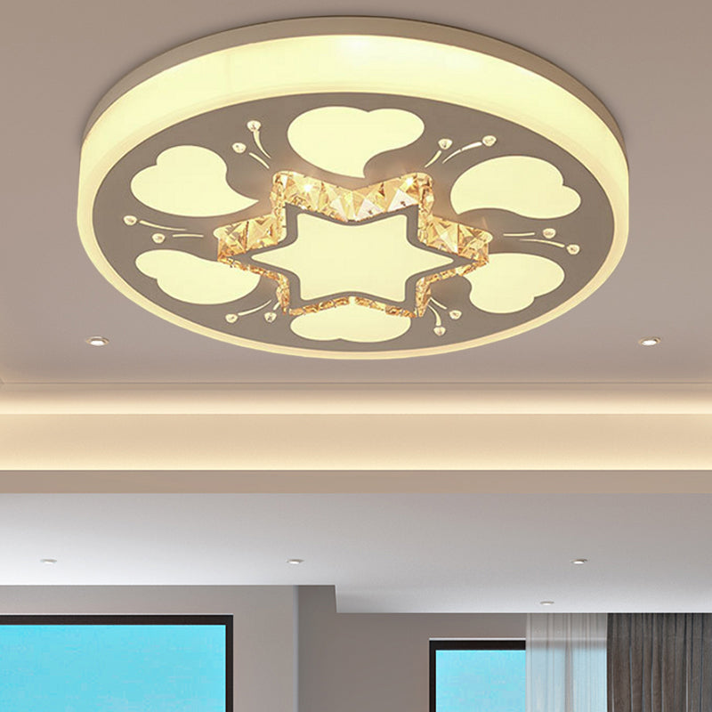 Modern Brown/White Circle Flush Ceiling Light with LED, Acrylic & Crystal in White - 3 Color Lighting for Bedroom