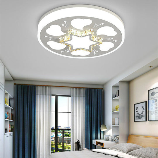 Modern Brown/White Circle Flush Ceiling Light with LED, Acrylic & Crystal in White - 3 Color Lighting for Bedroom