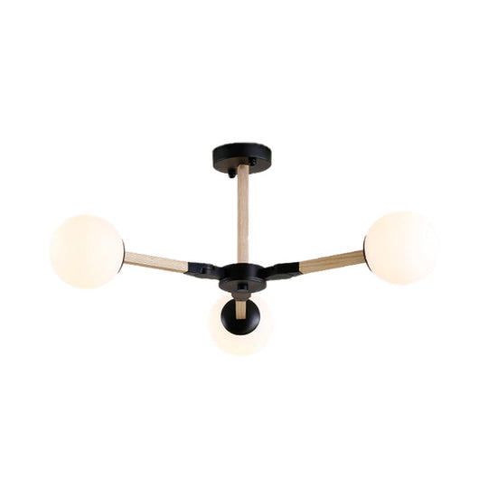 Contemporary Wood Branch Chandelier With White/Black/Gold Finish 3/6/9 Lights And White Glass Shade