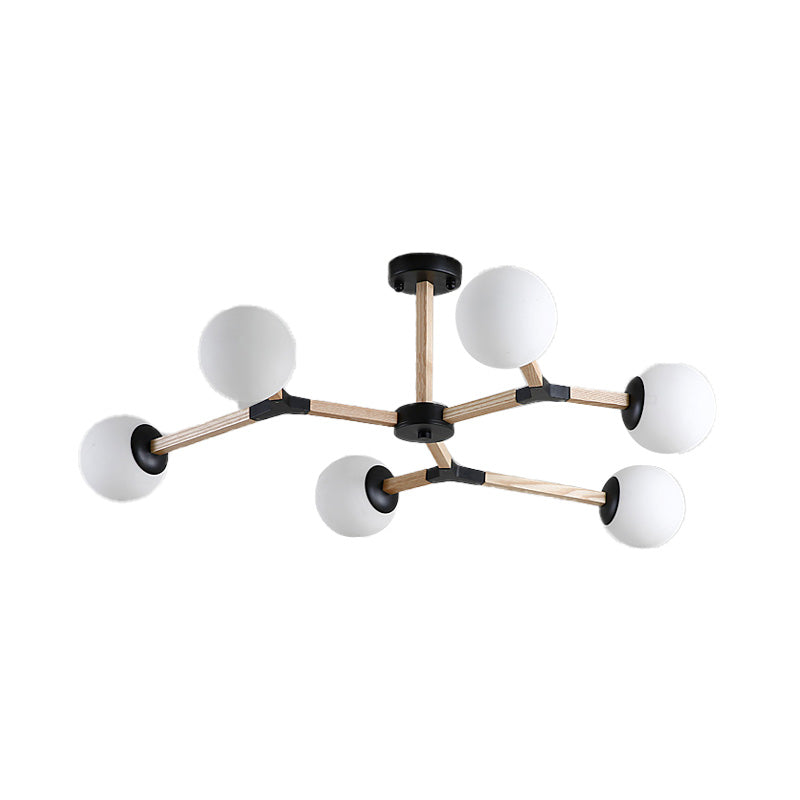 Contemporary Wood Branch Chandelier With White/Black/Gold Finish 3/6/9 Lights And White Glass Shade