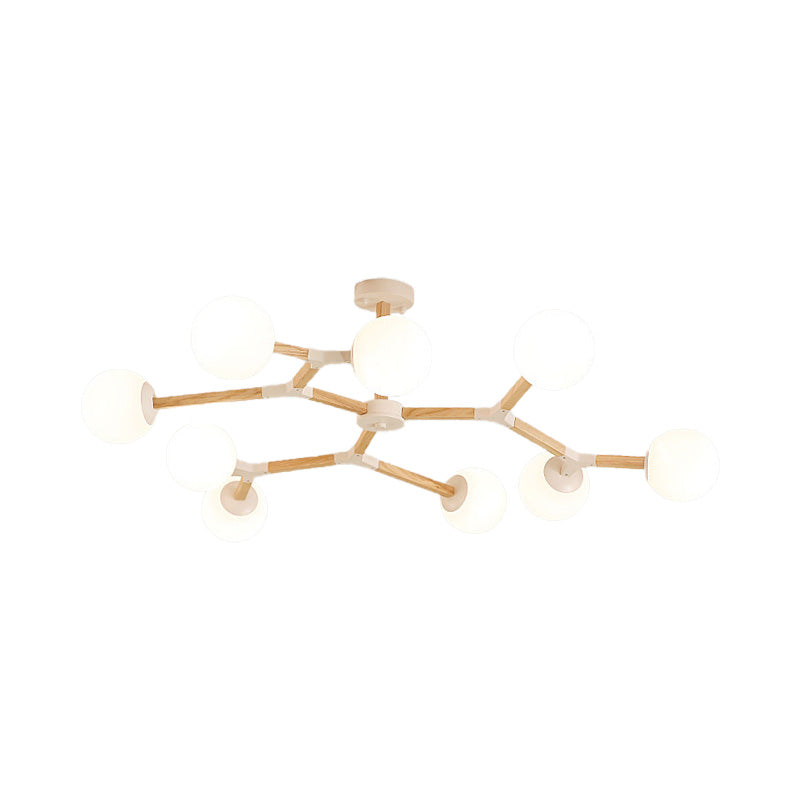 Contemporary Wood Branch Chandelier With White/Black/Gold Finish 3/6/9 Lights And White Glass Shade