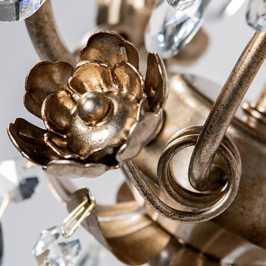 Country Style Caged Chandelier Light - Iron 3-Head Hanging Lamp with Crystal and Leaf Deco in Dark Rust