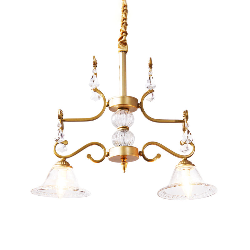 Clear Crystal Chandelier Light Fixture - Modern Bell Shade Hanging Lamp in Gold, 2 Bulbs - for Dining Room