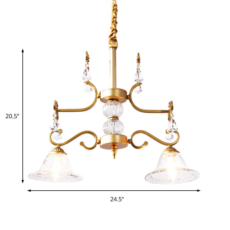 Clear Crystal Chandelier Light Fixture - Modern Bell Shade Hanging Lamp in Gold, 2 Bulbs - for Dining Room