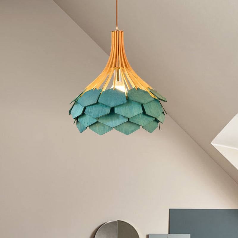 Modern Wood Pine Cone Pendant Lamp - Red/Blue 1-Bulb Hanging Light Fixture for Dining Room