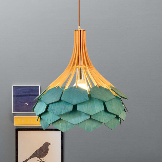 Modern Pine Cone Hanging Light Fixture - Wood Pendant Lamp For Dining Room With Red/Blue 1 Bulb