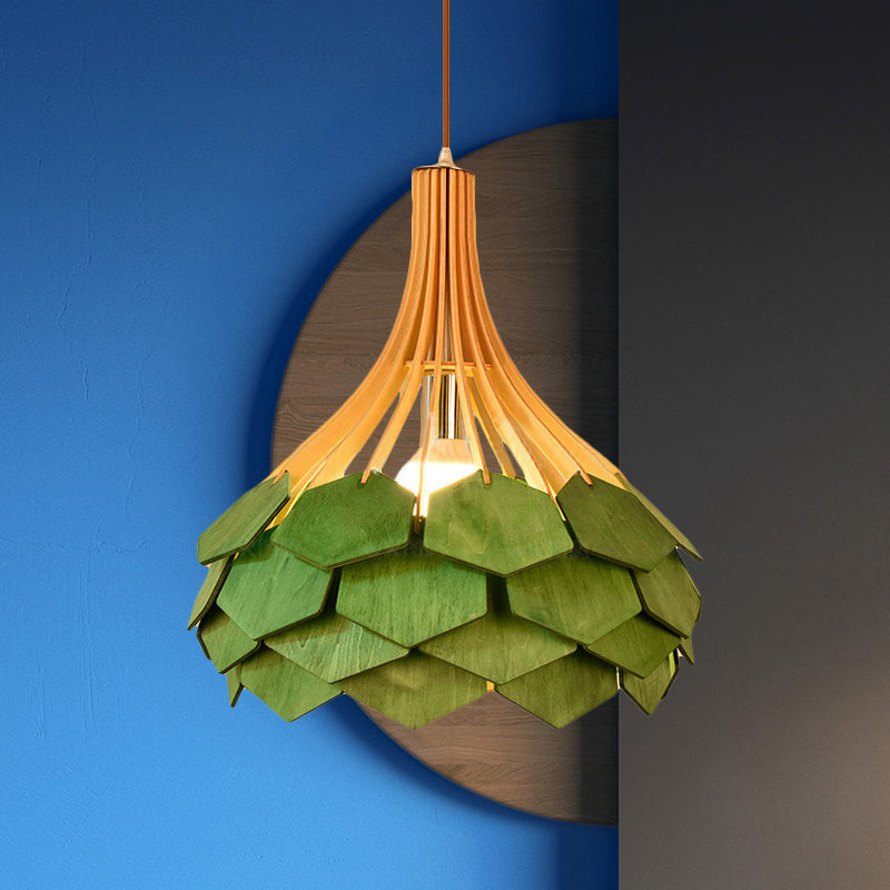 Modern Pine Cone Hanging Light Fixture - Wood Pendant Lamp For Dining Room With Red/Blue 1 Bulb
