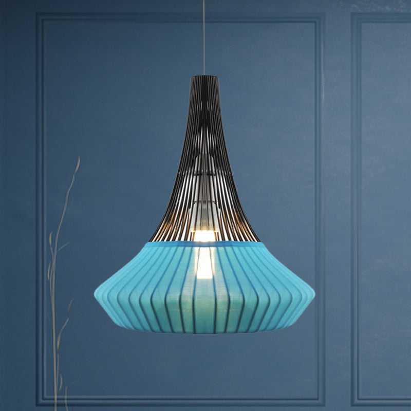 Modern Cone Shade Pendant Light - Black/Pink/Blue Fabric Hangs Beautifully in Living Room