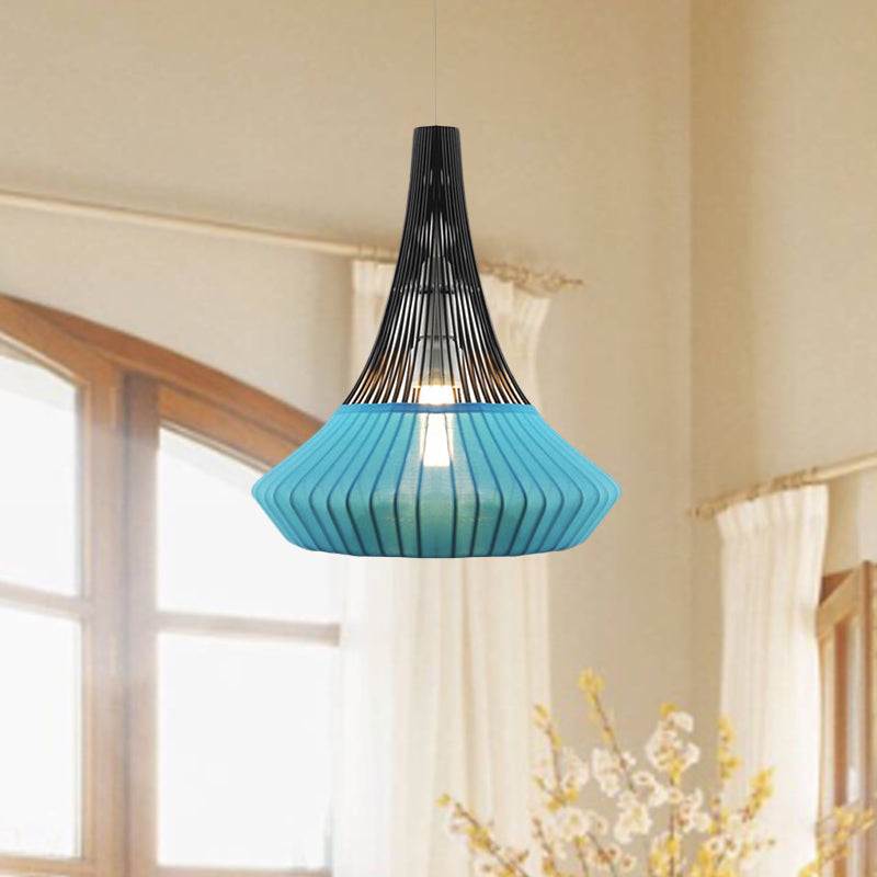 Modern Cone Shade Pendant Light - Black/Pink/Blue Fabric Hangs Beautifully in Living Room
