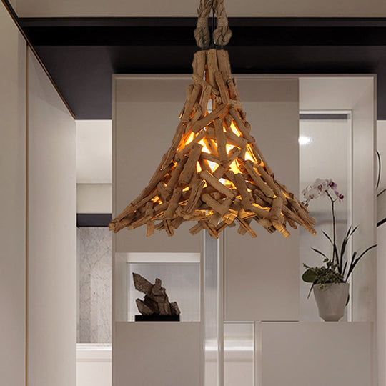 Rustic Flared Wood Sticks Hanging Pendant Light in Beige - Indoor Use