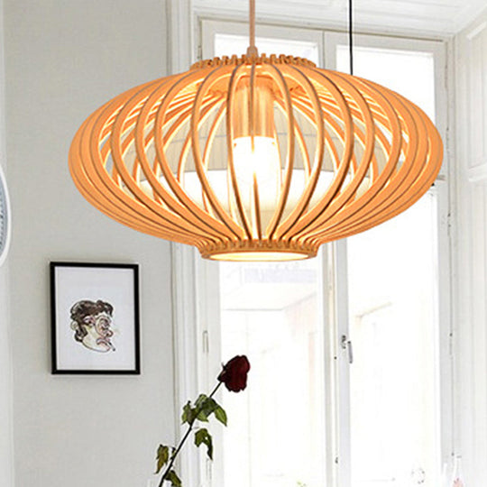 Contemporary Wooden Lantern Pendant Light In Beige For Living Room