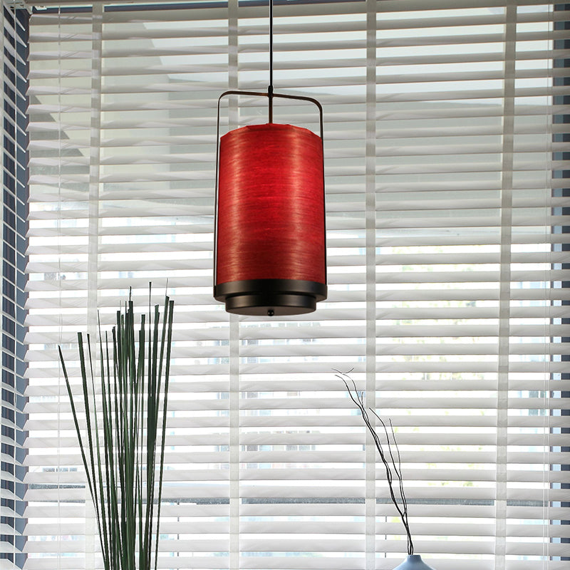 Modern 1-Light Cylindrical Pendant Lamp In White/Red/Green Fabric For Dining Room