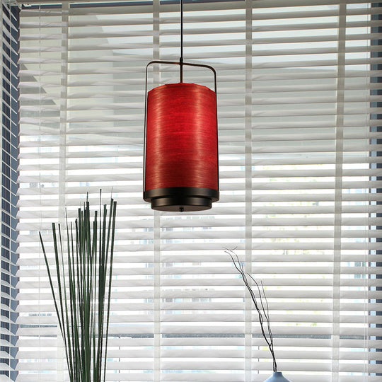 Modern 1-Light Cylindrical Pendant Lamp In White/Red/Green Fabric For Dining Room