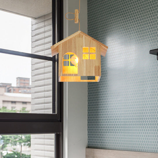 Modern Wooden House Shaped Pendant Lamp With Adjustable Cord - Natural Wood 1-Light Hanging Light