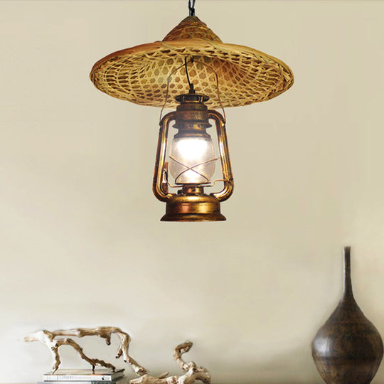 Metal Lantern Hanging Light - Country Style 12/23.5 W 1 Bulb Beige Pendant Lighting With Rattan Hat