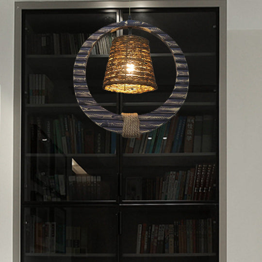 Modern Rattan Conical Hanging Light Brown Pendant Lamp with Wooden Vertical Ring