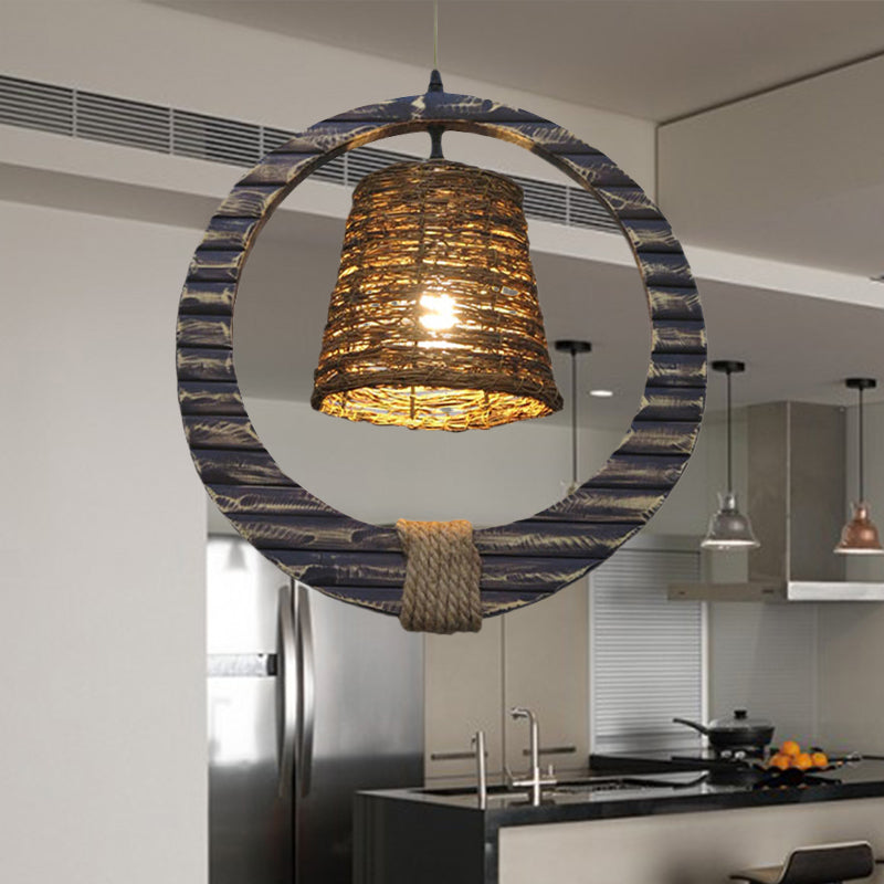 Modern Rattan Conical Hanging Light Brown Pendant Lamp with Wooden Vertical Ring