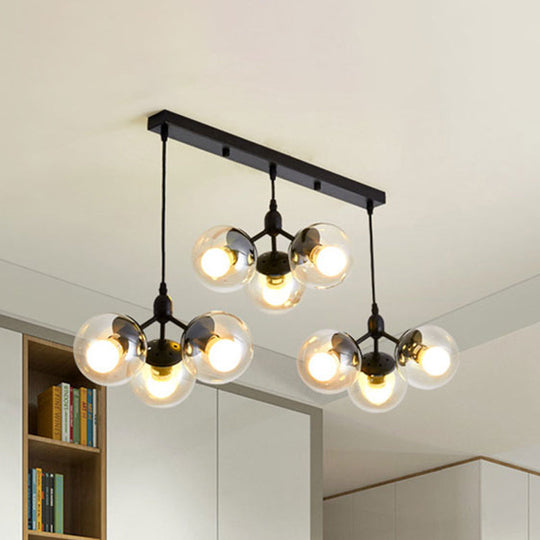 Modern Black Clear Glass Round Cluster Hanging Ceiling Lamp with Linear Design - Multiple Lights