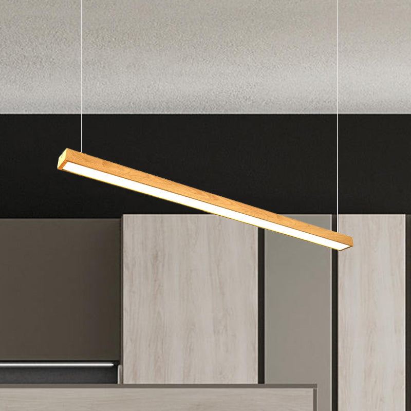 Wooden Shade Led Office Pendant Lighting - Sleek Rectangular Linear Design In Minimal Dark