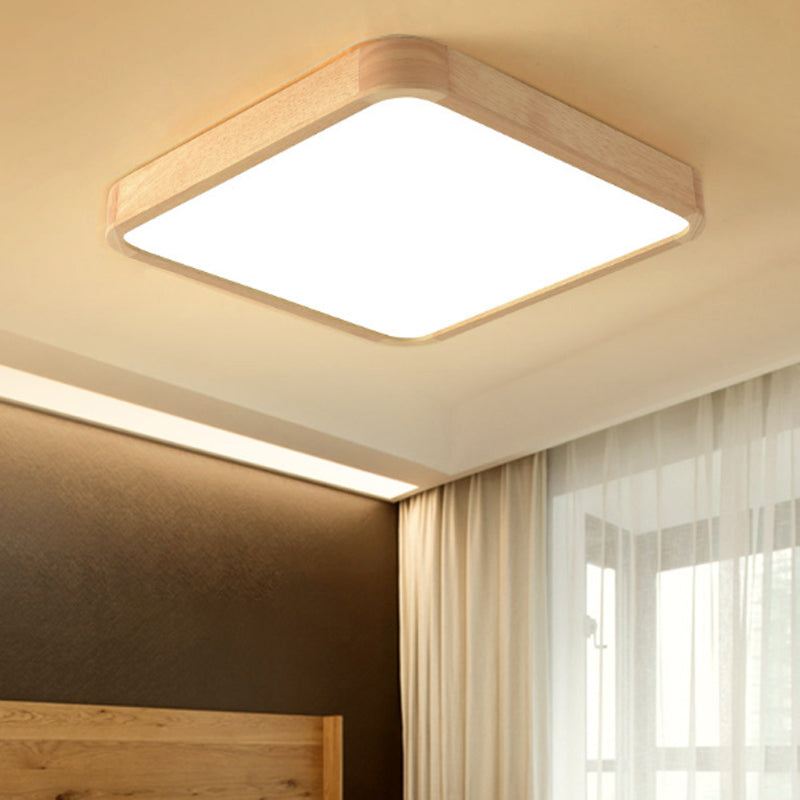 Beige Square Flush Mount LED Ceiling Lighting Fixture - Modern Wood Design in White or Warm Light - Available in 3 Sizes