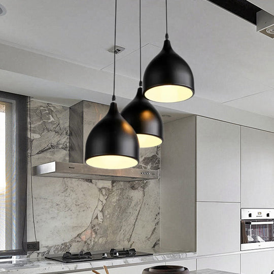 Modern 3-Light Bell Pendant in Black/White Metal with Round/Linear Canopy