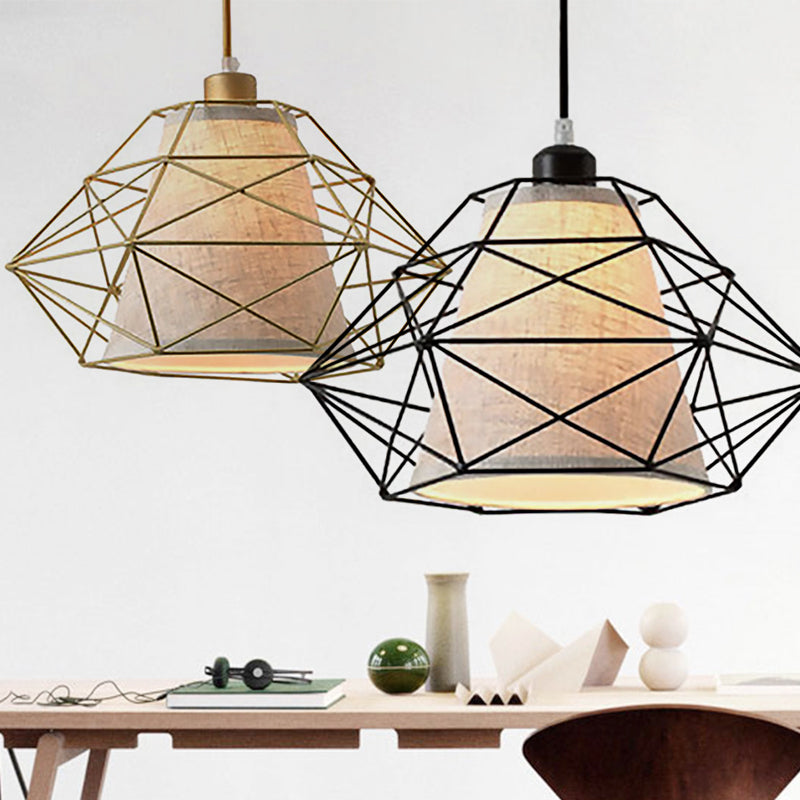 Modern Black/Gold Diamond Ceiling Lamp - 1 Light Wire Caged Hanging Fixture For Dining Room