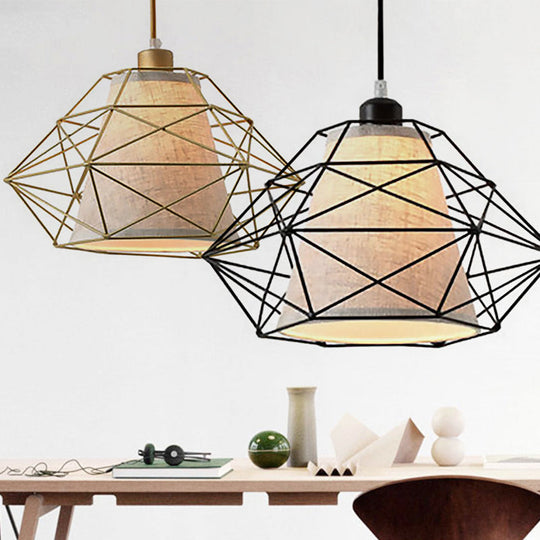 Modern Black/Gold Diamond Ceiling Lamp - 1 Light Wire Caged Hanging Fixture For Dining Room