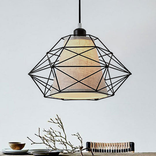 Plafonnier moderne en forme de diamant noir/doré : suspension à 1 lampe avec cage métallique pour salle à manger