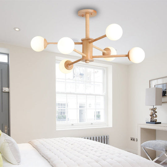 Contemporary Wooden Starburst Chandelier with Glass Ball Shade - Natural Wood Finish - 6/8/12 Lights