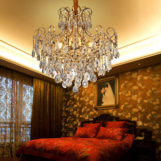 Gold Industrial Geometric Chandelier with Crystal Teardrop Shade - 5/6/8 Bulb Pendant Light