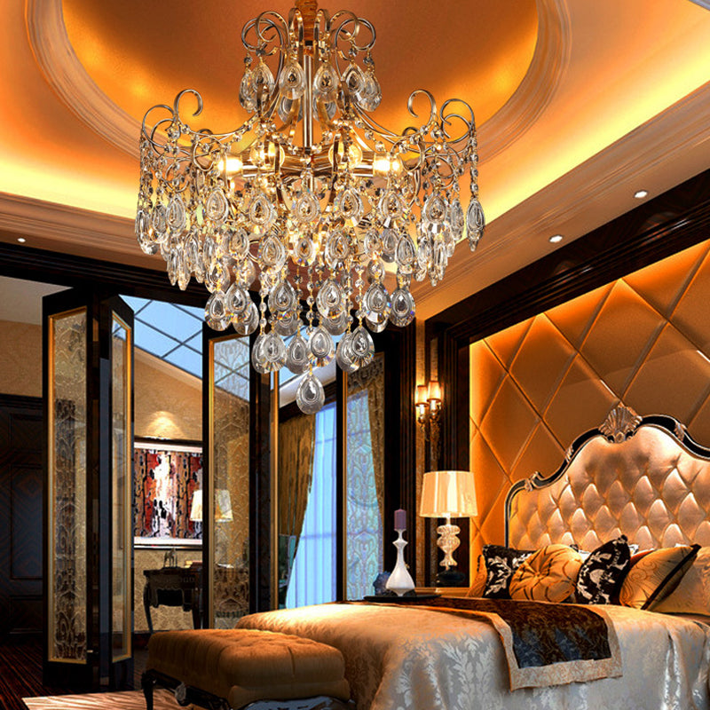 Gold Industrial Geometric Chandelier with Crystal Teardrop Shade - 5/6/8 Bulb Pendant Light