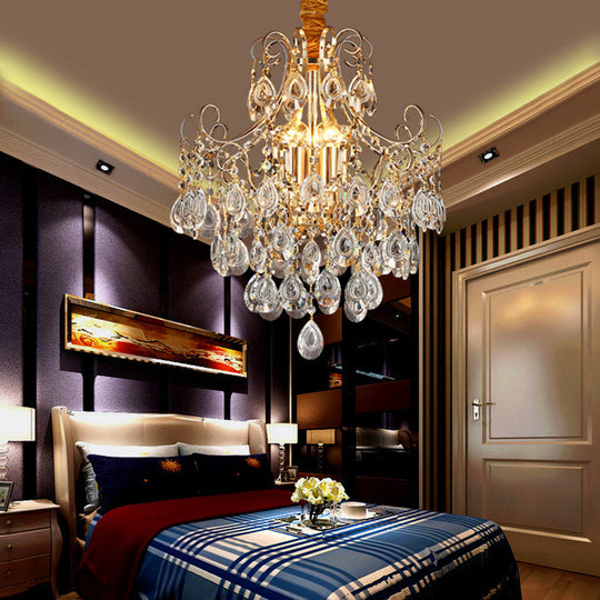 Gold Industrial Geometric Chandelier with Crystal Teardrop Shade - 5/6/8 Bulb Pendant Light