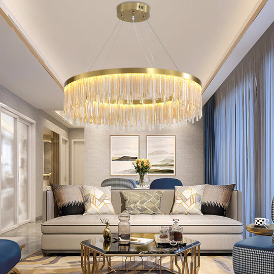 Modern Round LED Chandelier with Crystal Prism & Gold Finish