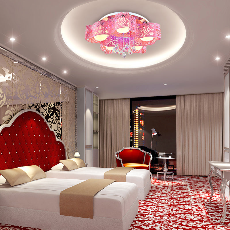 Modernist Crystal Ceiling Lamp With Etched Flower Design 3/5 Lights Opal Glass Ball Shade