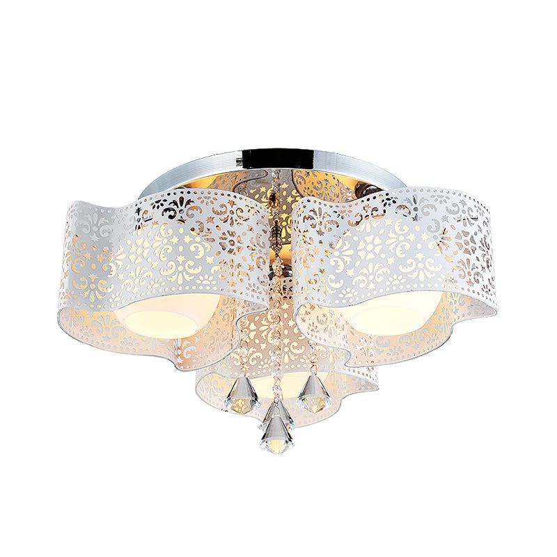Modernist Crystal Ceiling Lamp With Etched Flower Design 3/5 Lights Opal Glass Ball Shade