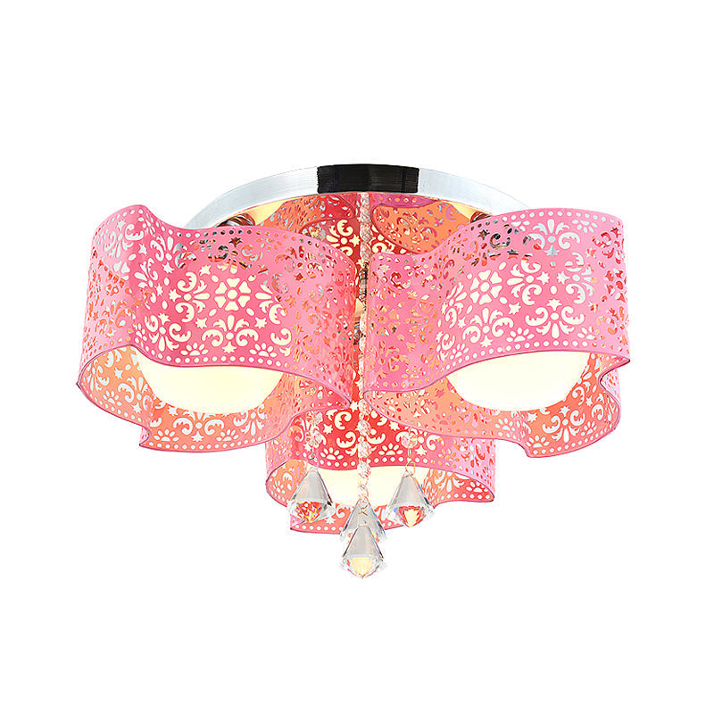 Modernist Crystal Ceiling Lamp with Etched Flower Design, 3/5 Lights, Opal Glass Ball Shade (Pink/White)